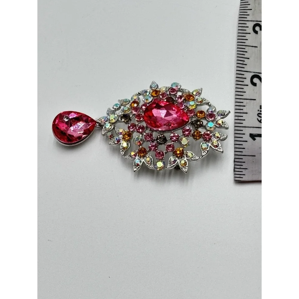 Vintage Style Rhinestone Brooch‎ Pendant Pink Teardrop AB Crystal Floral
